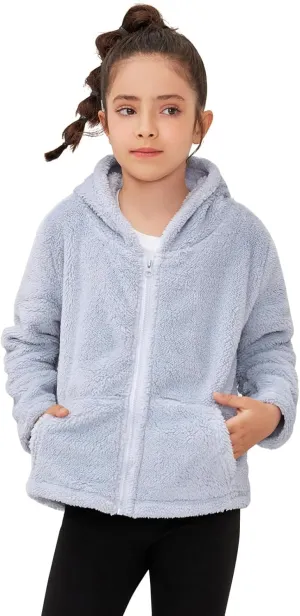 QPANCY Girls Fuzzy Sherpa Coat Full Zip Hoodie Fleece Jacket with Pockets Fall Winter Outwear