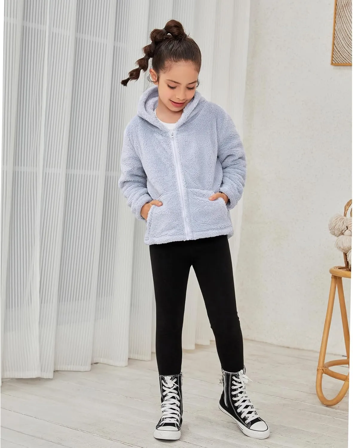 QPANCY Girls Fuzzy Sherpa Coat Full Zip Hoodie Fleece Jacket with Pockets Fall Winter Outwear