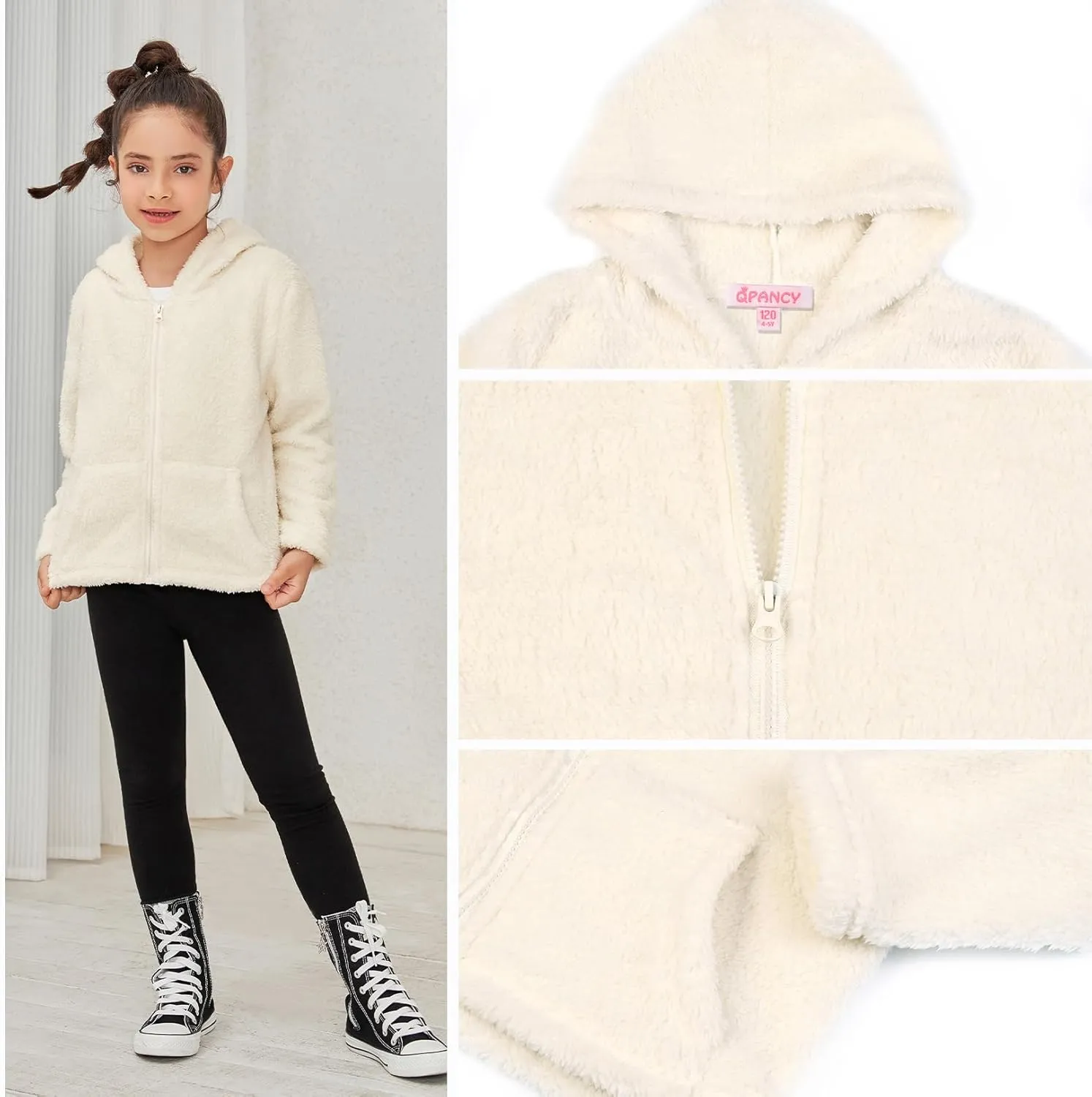QPANCY Girls Fuzzy Sherpa Coat Full Zip Hoodie Fleece Jacket with Pockets Fall Winter Outwear