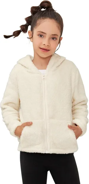 QPANCY Girls Fuzzy Sherpa Coat Full Zip Hoodie Fleece Jacket with Pockets Fall Winter Outwear