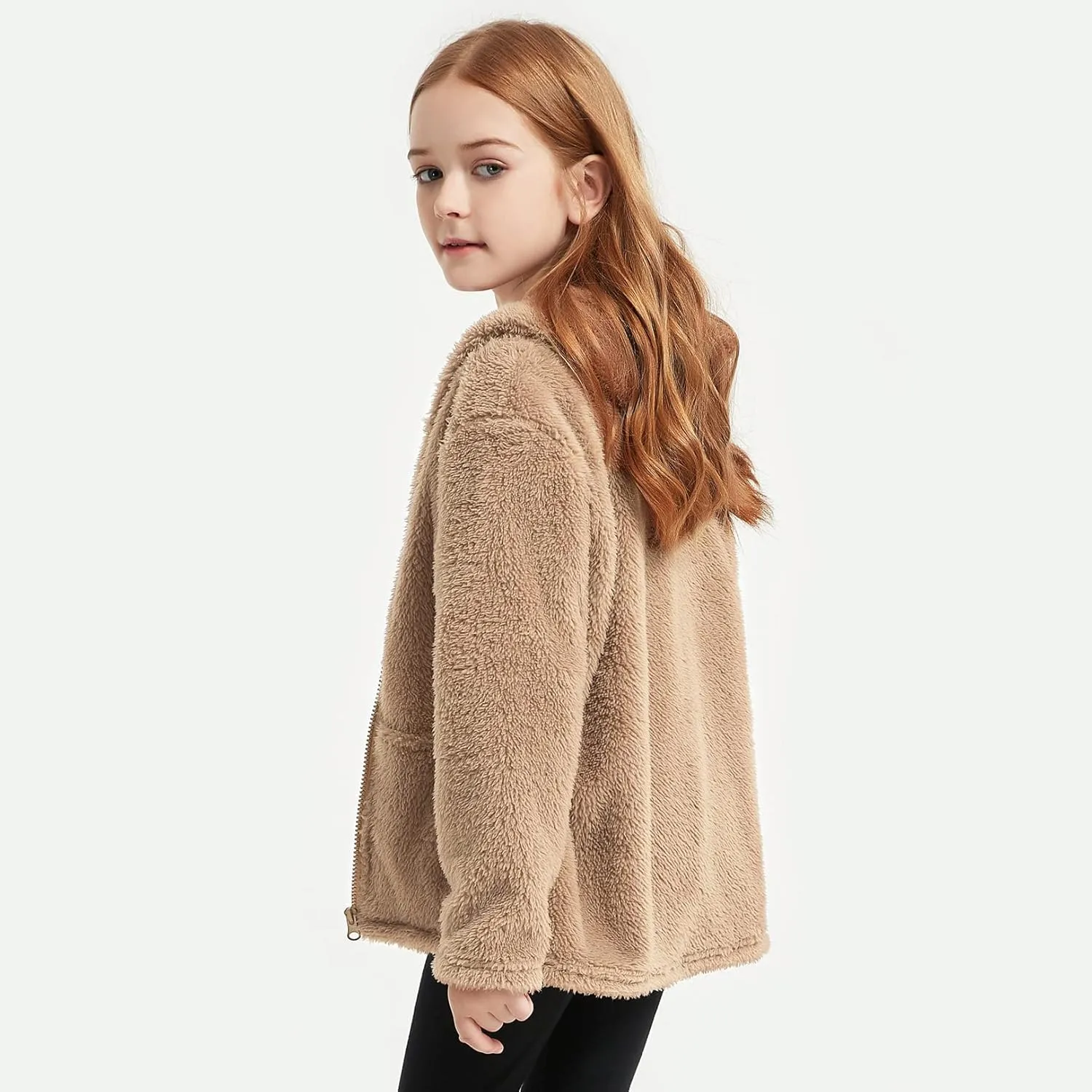 QPANCY Girls Fuzzy Sherpa Coat Full Zip Hoodie Fleece Jacket with Pockets Fall Winter Outwear