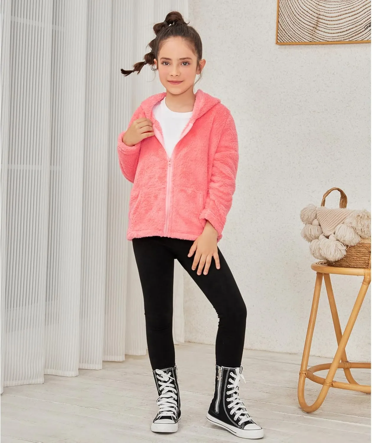 QPANCY Girls Fuzzy Sherpa Coat Full Zip Hoodie Fleece Jacket with Pockets Fall Winter Outwear