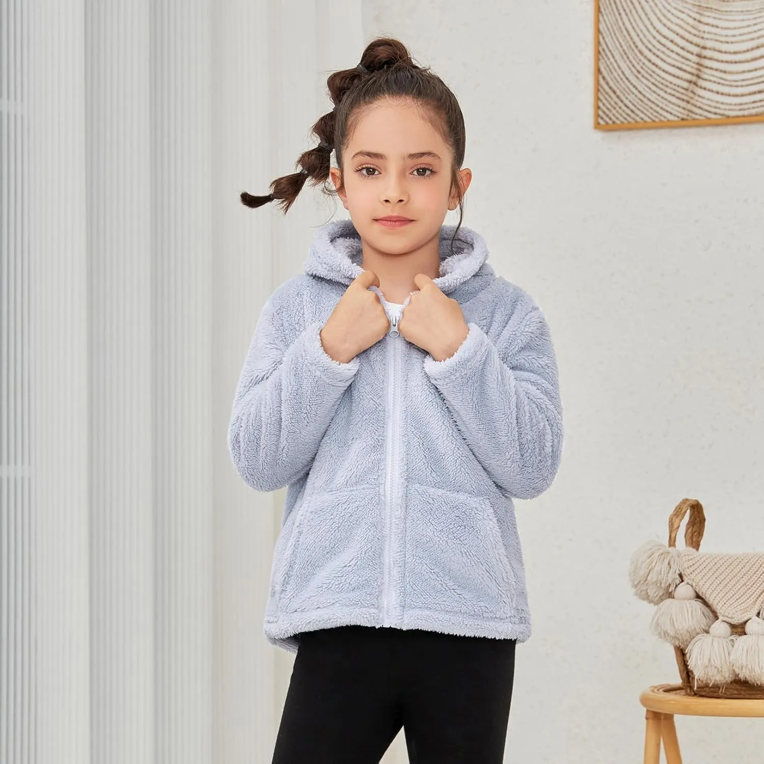 QPANCY Girls Fuzzy Sherpa Coat Full Zip Hoodie Fleece Jacket with Pockets Fall Winter Outwear