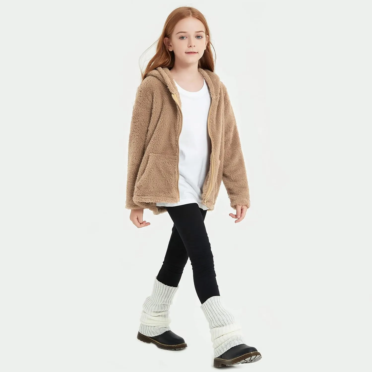 QPANCY Girls Fuzzy Sherpa Coat Full Zip Hoodie Fleece Jacket with Pockets Fall Winter Outwear