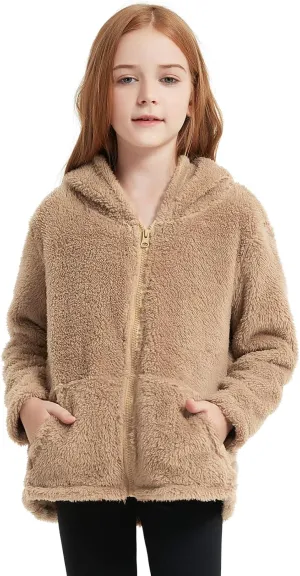 QPANCY Girls Fuzzy Sherpa Coat Full Zip Hoodie Fleece Jacket with Pockets Fall Winter Outwear