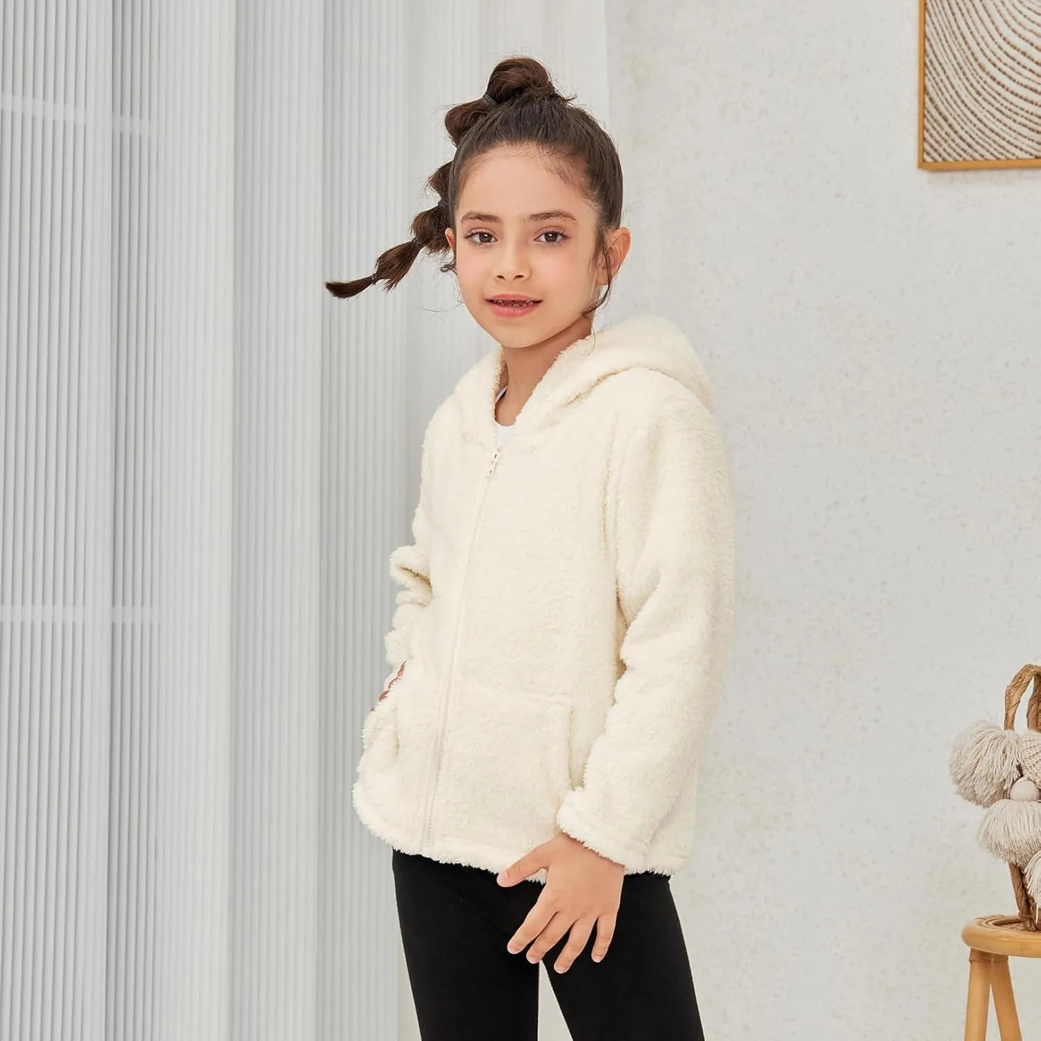 QPANCY Girls Fuzzy Sherpa Coat Full Zip Hoodie Fleece Jacket with Pockets Fall Winter Outwear