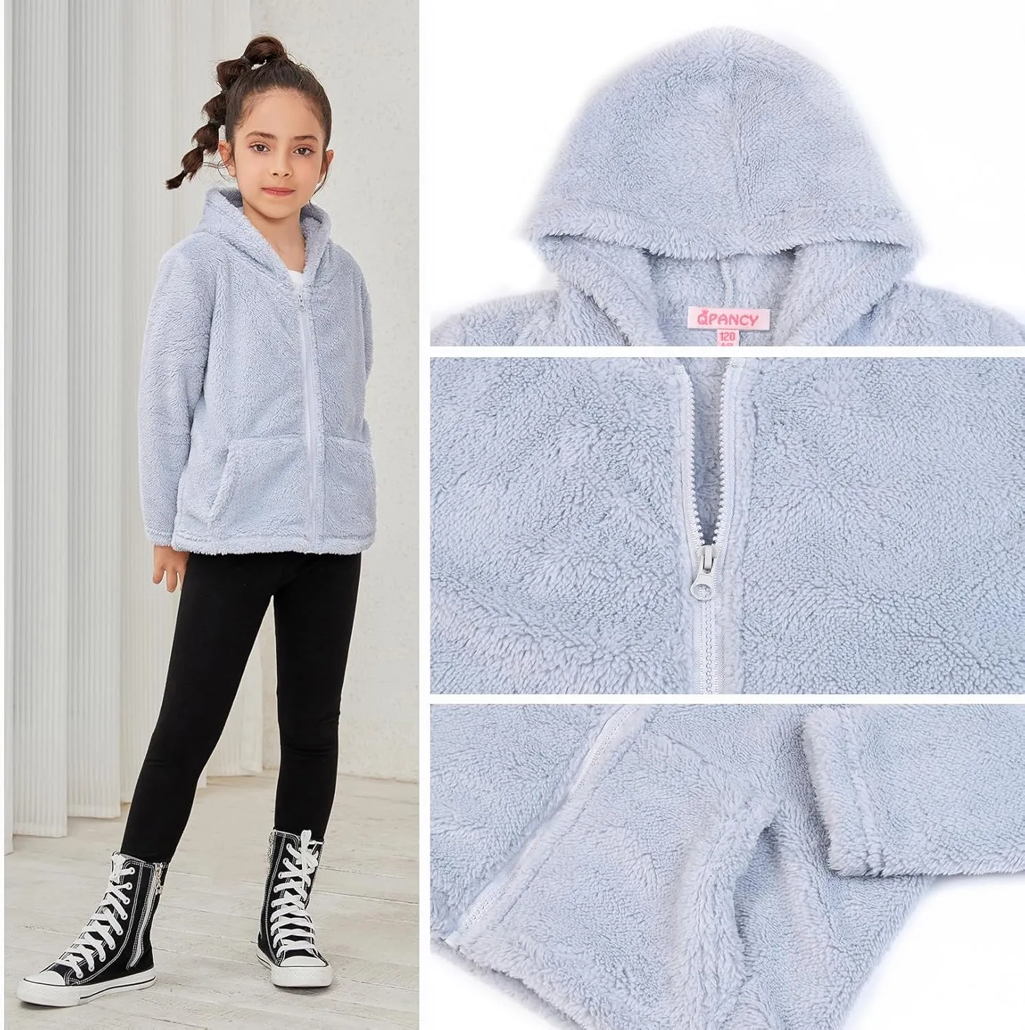 QPANCY Girls Fuzzy Sherpa Coat Full Zip Hoodie Fleece Jacket with Pockets Fall Winter Outwear