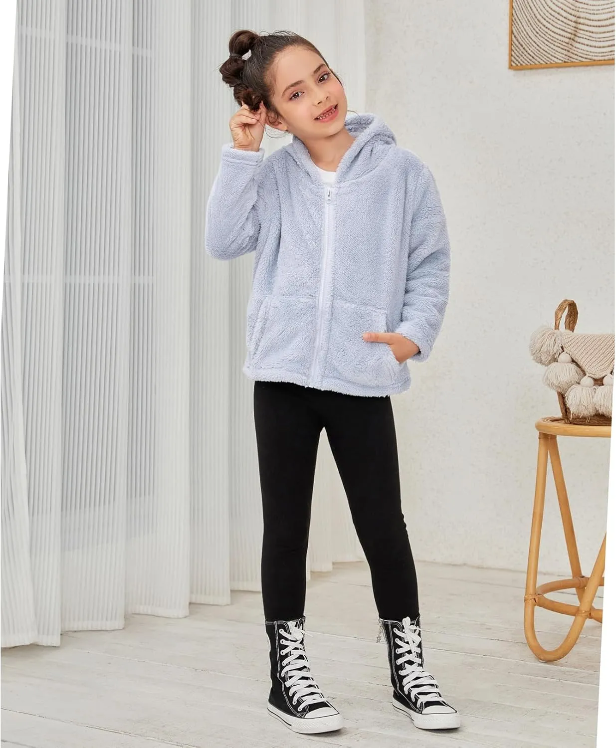QPANCY Girls Fuzzy Sherpa Coat Full Zip Hoodie Fleece Jacket with Pockets Fall Winter Outwear