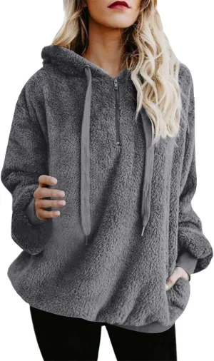Quarter Zip Hoodies for Women Long Fleece Plus Size Drawstring Sweatshirt Solid Color Casual Winter Pocket Pullover