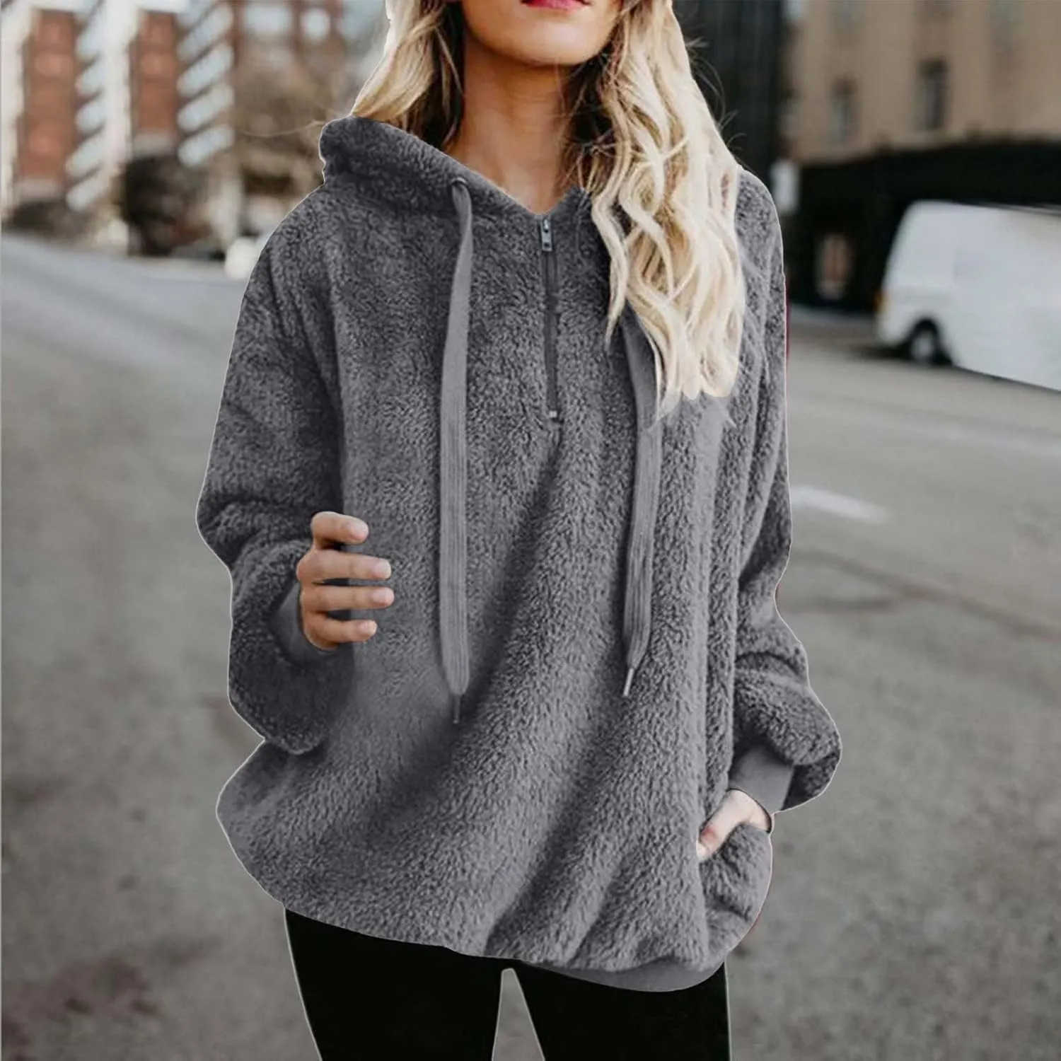 Quarter Zip Hoodies for Women Long Fleece Plus Size Drawstring Sweatshirt Solid Color Casual Winter Pocket Pullover