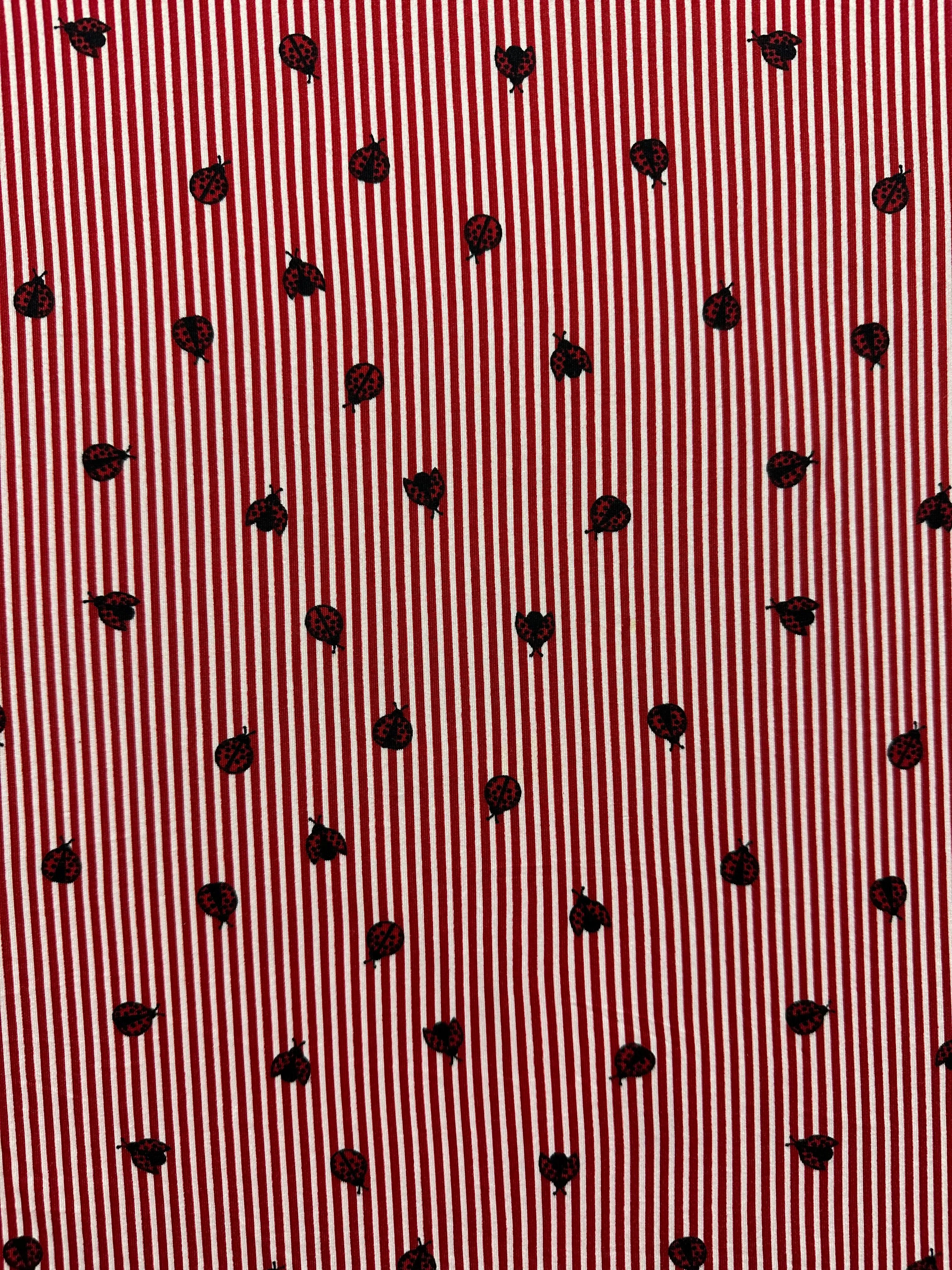 Red Stripe Ladybug Print Double Brushed Jersey Knit Fabric