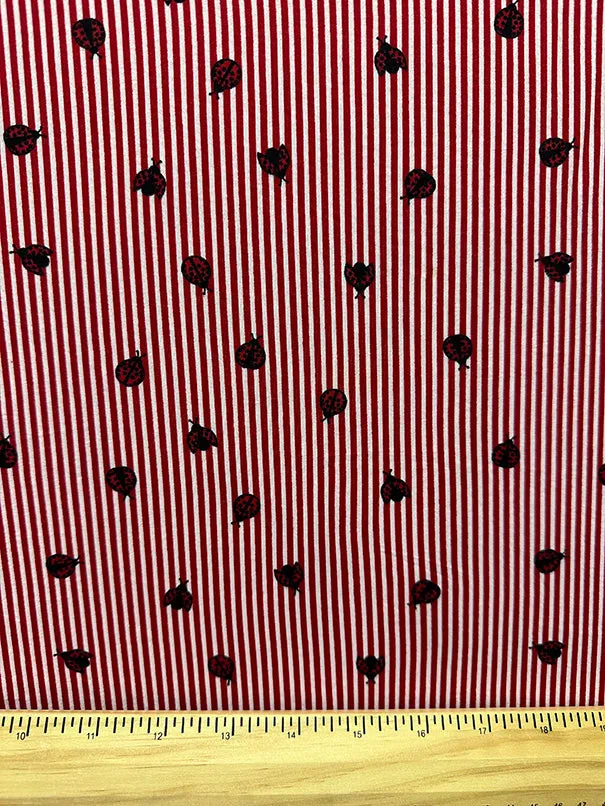 Red Stripe Ladybug Print Double Brushed Jersey Knit Fabric