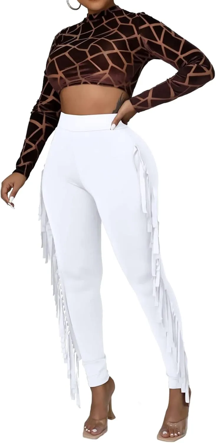 Rimhold Women's Fringe High Waist Solid Bodycon Side Tassel Pants Yoga Sweatpants Bandage Pants