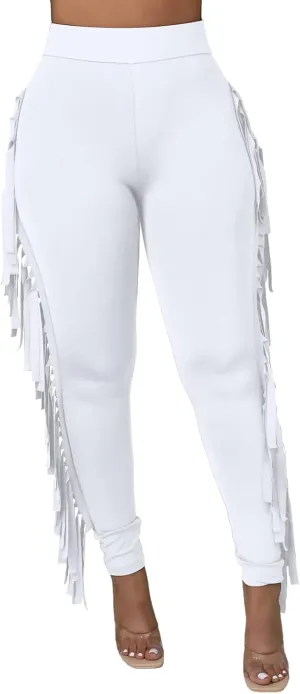 Rimhold Women's Fringe High Waist Solid Bodycon Side Tassel Pants Yoga Sweatpants Bandage Pants