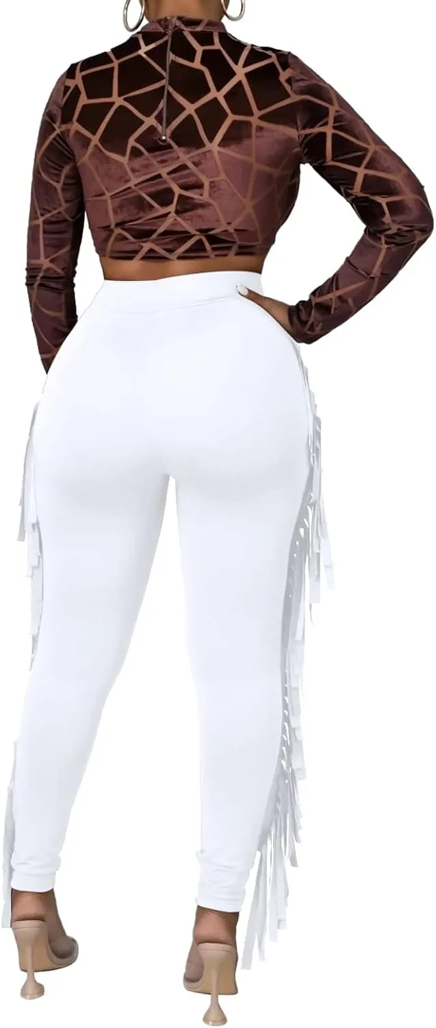 Rimhold Women's Fringe High Waist Solid Bodycon Side Tassel Pants Yoga Sweatpants Bandage Pants