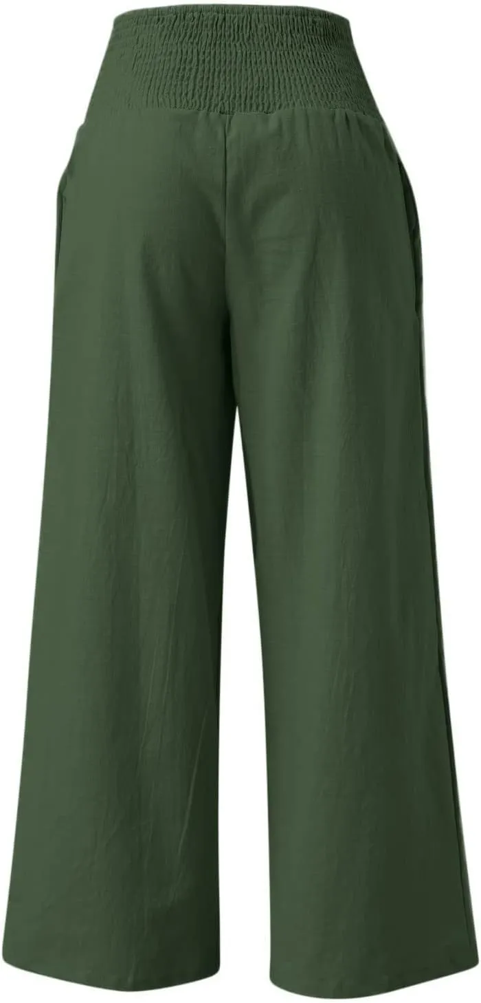 RKSTN High Waisted Cotton Linen Pants for Women Lounge Wide Leg Palazzo Trousers Summer Work Casual Baggy Pant with Pockets