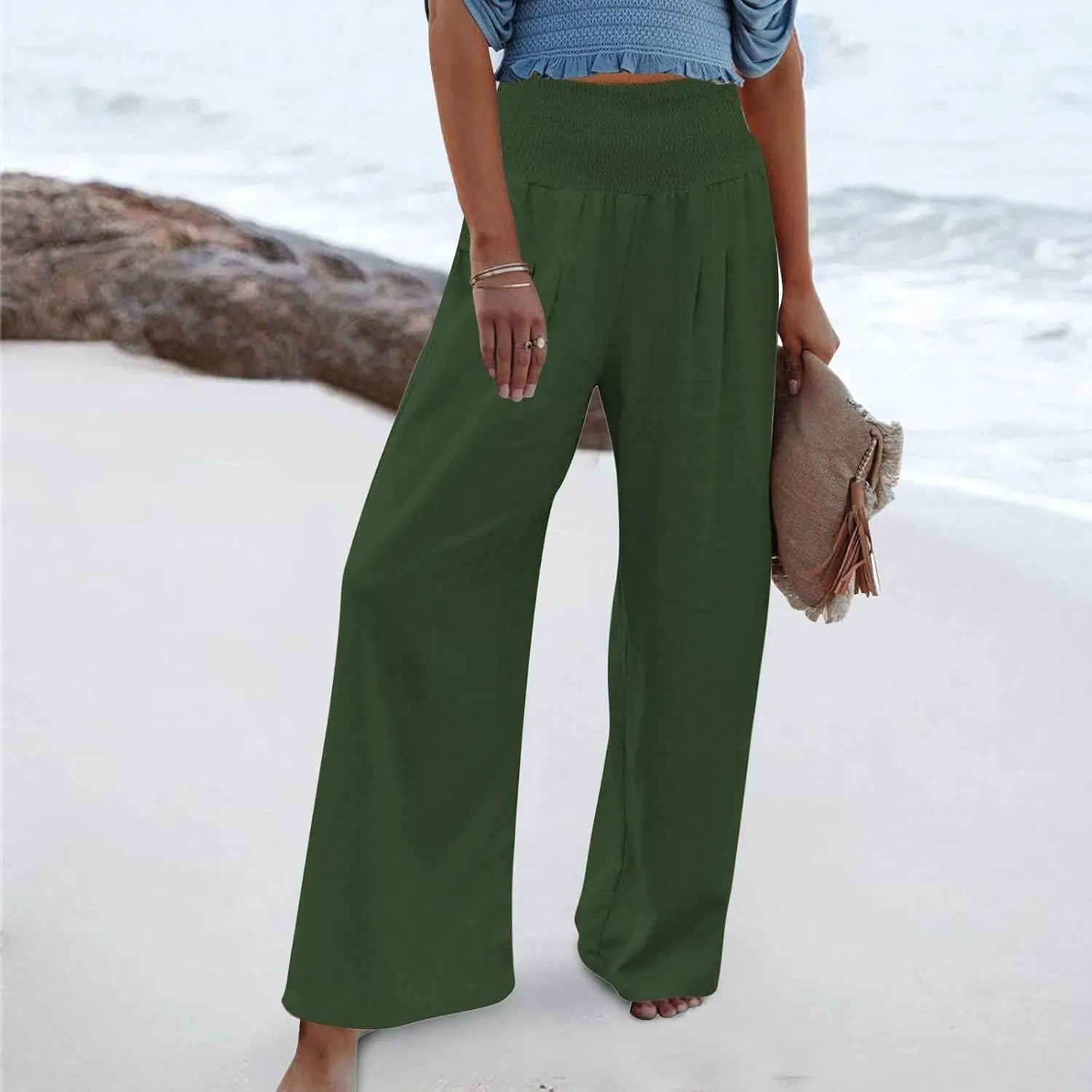 RKSTN High Waisted Cotton Linen Pants for Women Lounge Wide Leg Palazzo Trousers Summer Work Casual Baggy Pant with Pockets