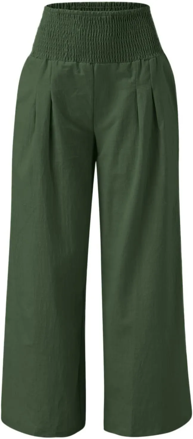 RKSTN High Waisted Cotton Linen Pants for Women Lounge Wide Leg Palazzo Trousers Summer Work Casual Baggy Pant with Pockets