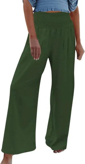 RKSTN High Waisted Cotton Linen Pants for Women Lounge Wide Leg Palazzo Trousers Summer Work Casual Baggy Pant with Pockets
