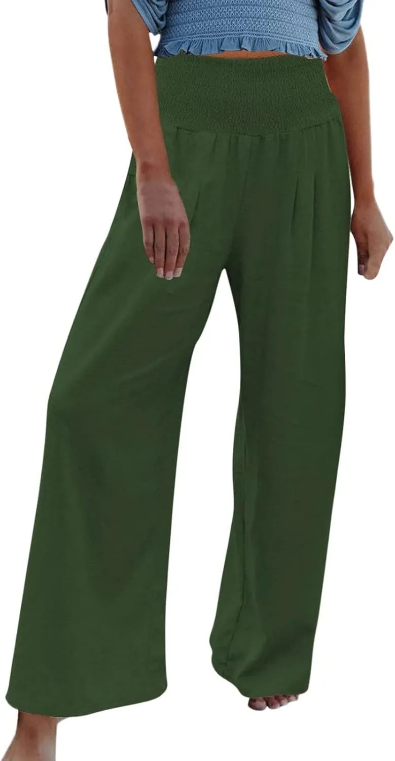 RKSTN High Waisted Cotton Linen Pants for Women Lounge Wide Leg Palazzo Trousers Summer Work Casual Baggy Pant with Pockets