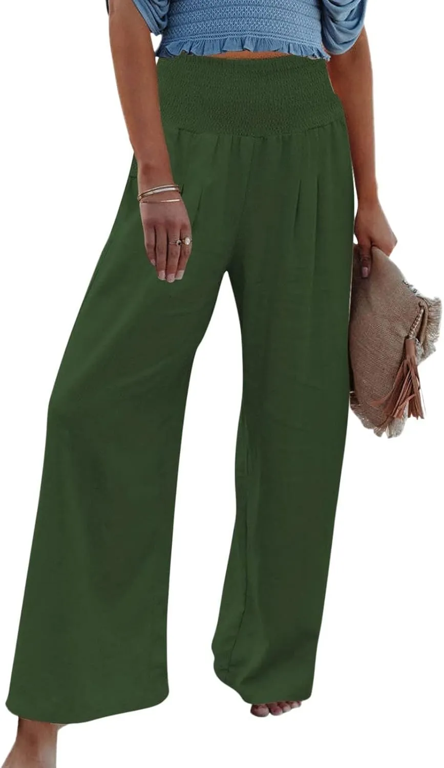 RKSTN High Waisted Cotton Linen Pants for Women Lounge Wide Leg Palazzo Trousers Summer Work Casual Baggy Pant with Pockets