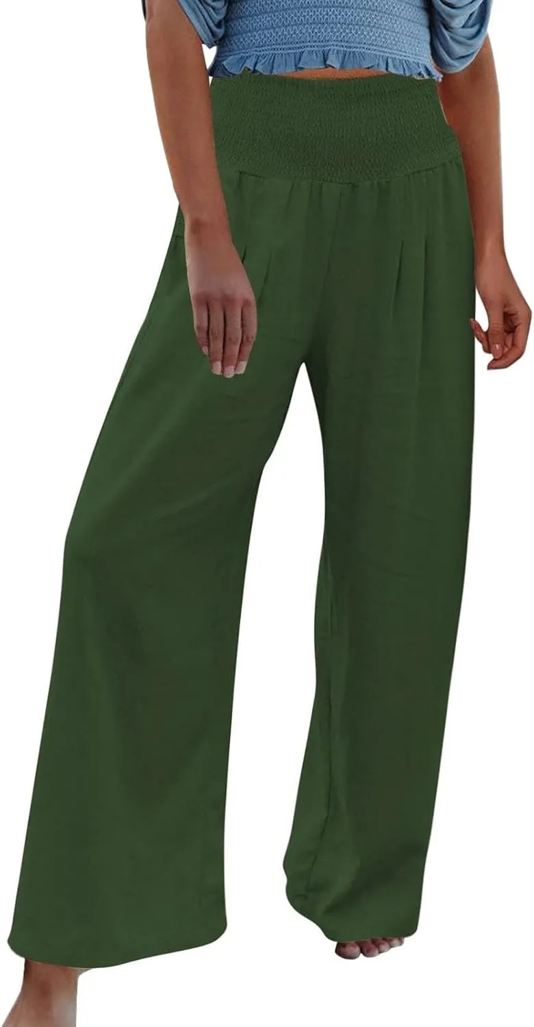 RKSTN High Waisted Cotton Linen Pants for Women Lounge Wide Leg Palazzo Trousers Summer Work Casual Baggy Pant with Pockets