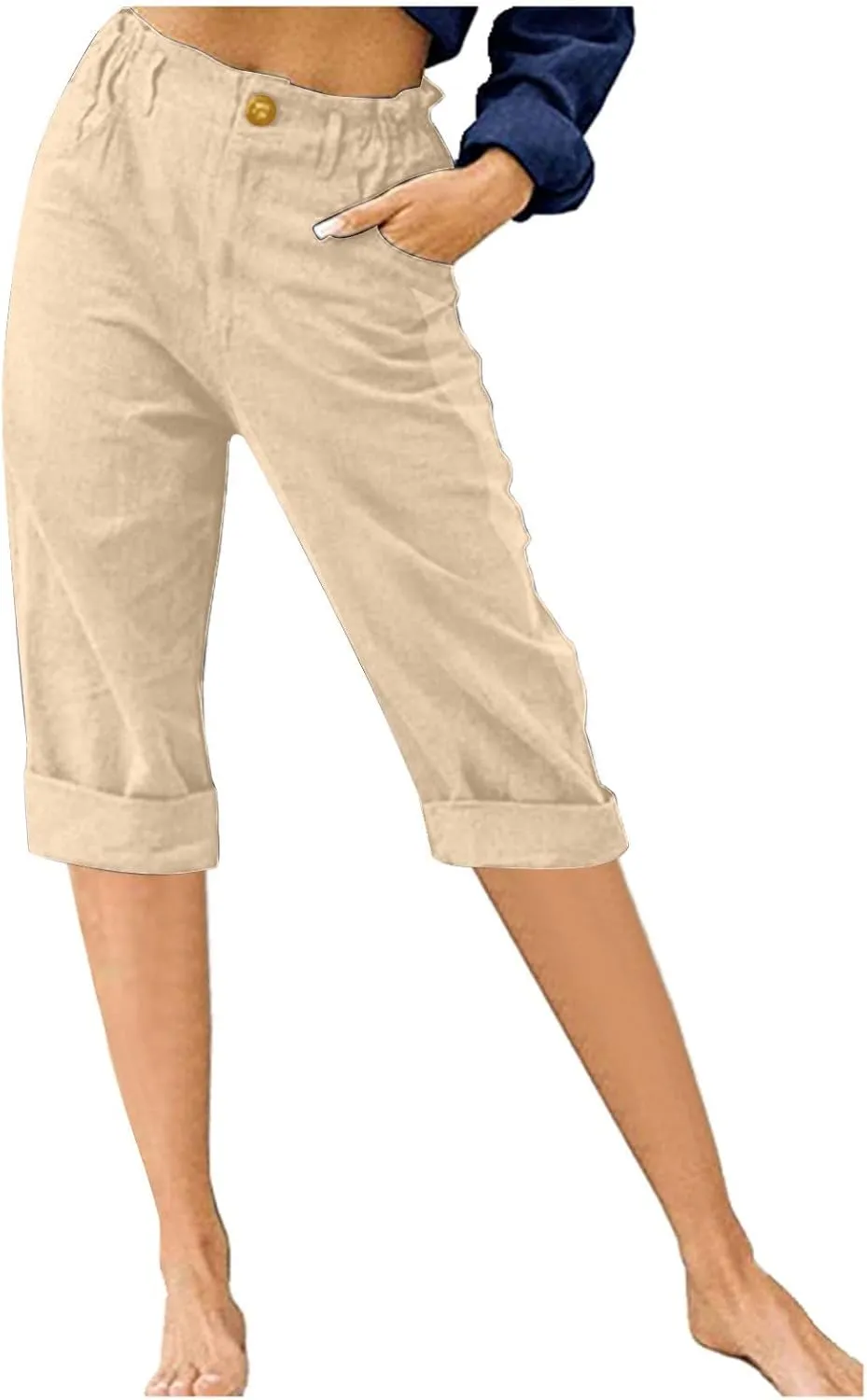 RKSTN Linen Pants Women Summer 2025 Capris for Work Casual Cropped Trousers Solid Plain High Waist Straight Pant with Pockets