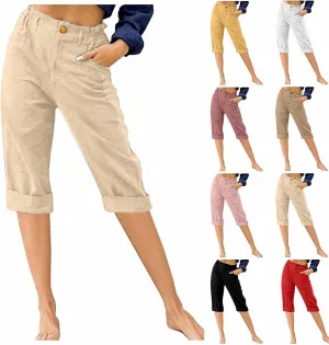 RKSTN Linen Pants Women Summer 2025 Capris for Work Casual Cropped Trousers Solid Plain High Waist Straight Pant with Pockets