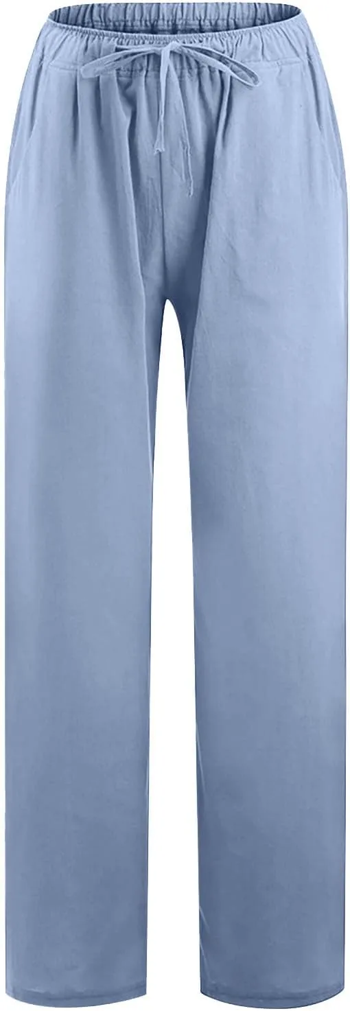 RKSTN Women's Cotton Linen Pants Summer Wide Leg Drawstring High Waist Palazzo Pant 2025 Casual Loose Trousers with Pockets