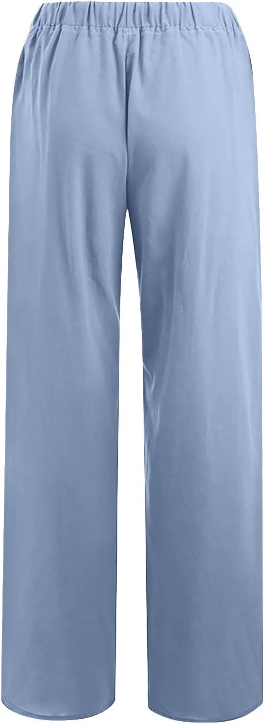 RKSTN Women's Cotton Linen Pants Summer Wide Leg Drawstring High Waist Palazzo Pant 2025 Casual Loose Trousers with Pockets