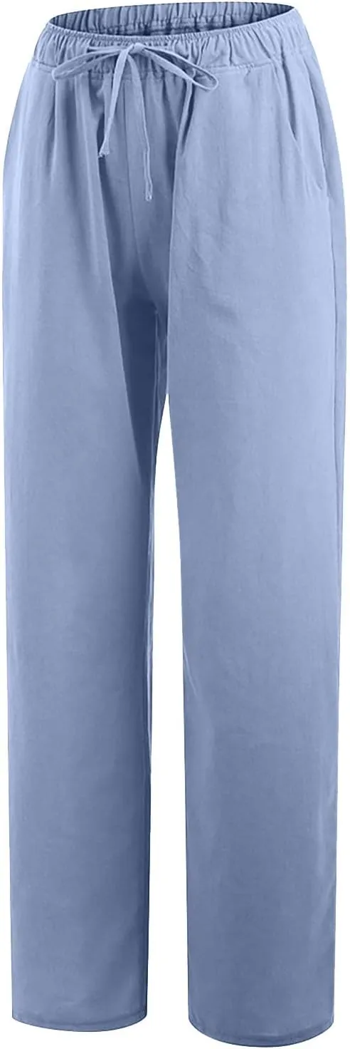 RKSTN Women's Cotton Linen Pants Summer Wide Leg Drawstring High Waist Palazzo Pant 2025 Casual Loose Trousers with Pockets