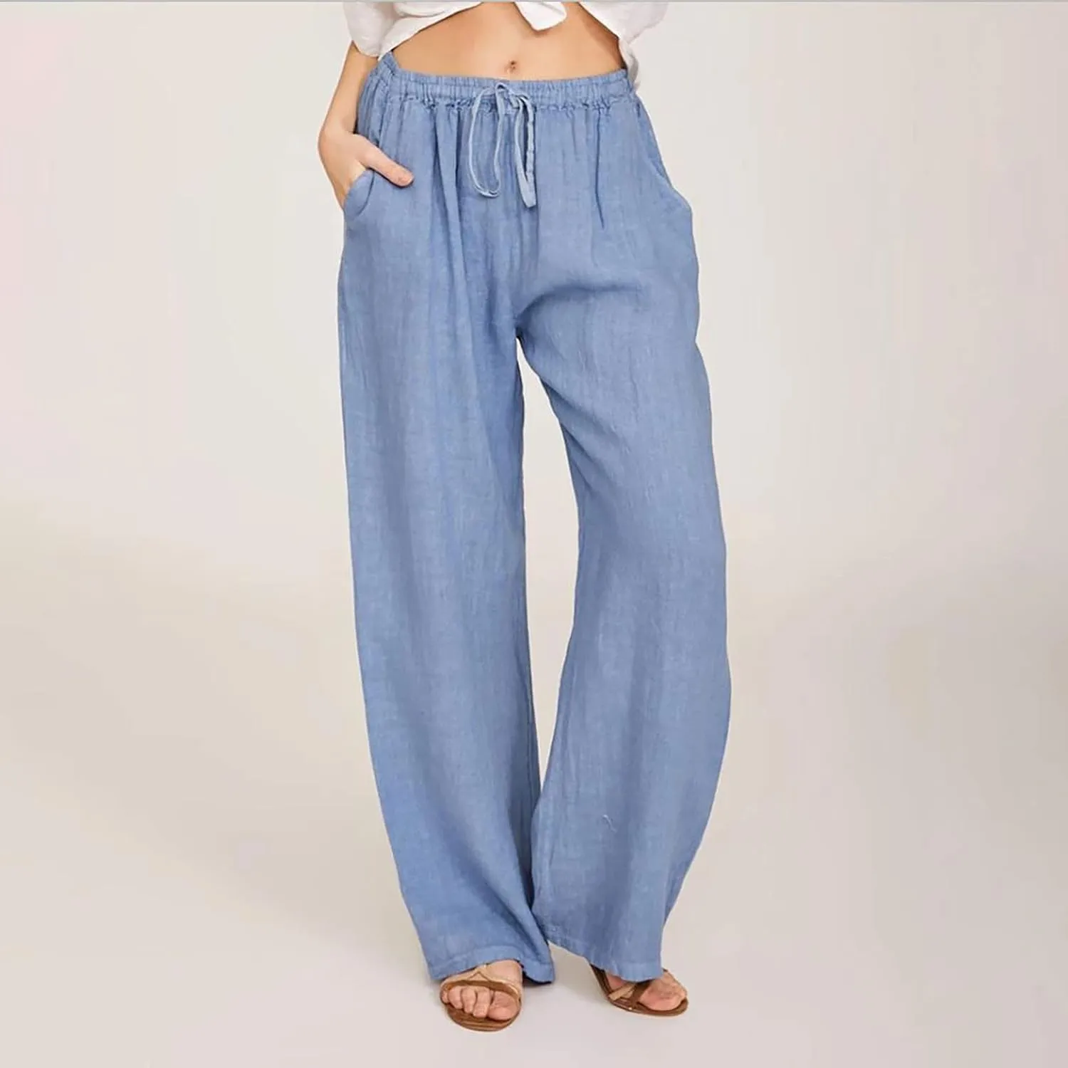 RKSTN Women's Cotton Linen Pants Summer Wide Leg Drawstring High Waist Palazzo Pant 2025 Casual Loose Trousers with Pockets