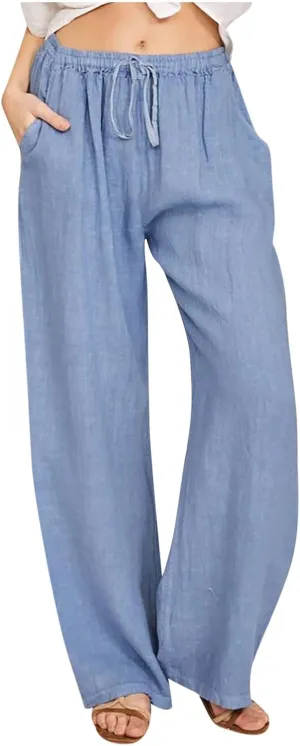 RKSTN Women's Cotton Linen Pants Summer Wide Leg Drawstring High Waist Palazzo Pant 2025 Casual Loose Trousers with Pockets