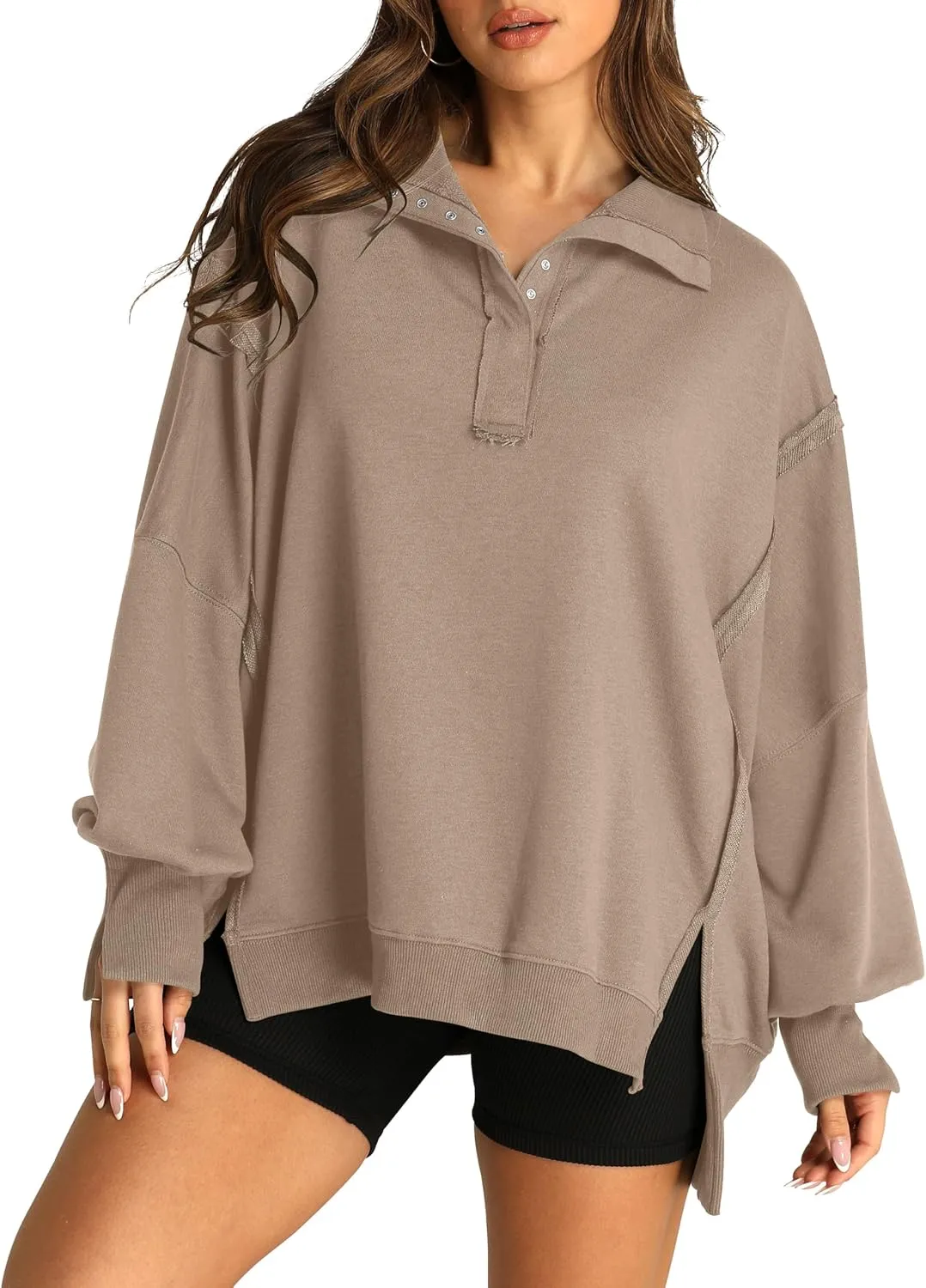 RUBZOOF Oversized Sweatshirt for Women Trendy Button Henley Neck Pullover Long Sleeve Tops Casual Fall Clothes XS-XL