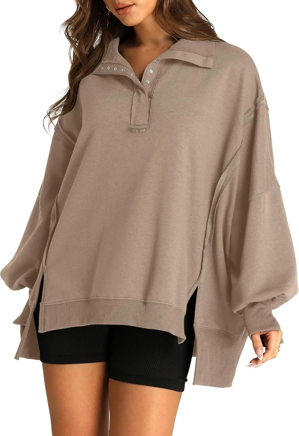 RUBZOOF Oversized Sweatshirt for Women Trendy Button Henley Neck Pullover Long Sleeve Tops Casual Fall Clothes XS-XL