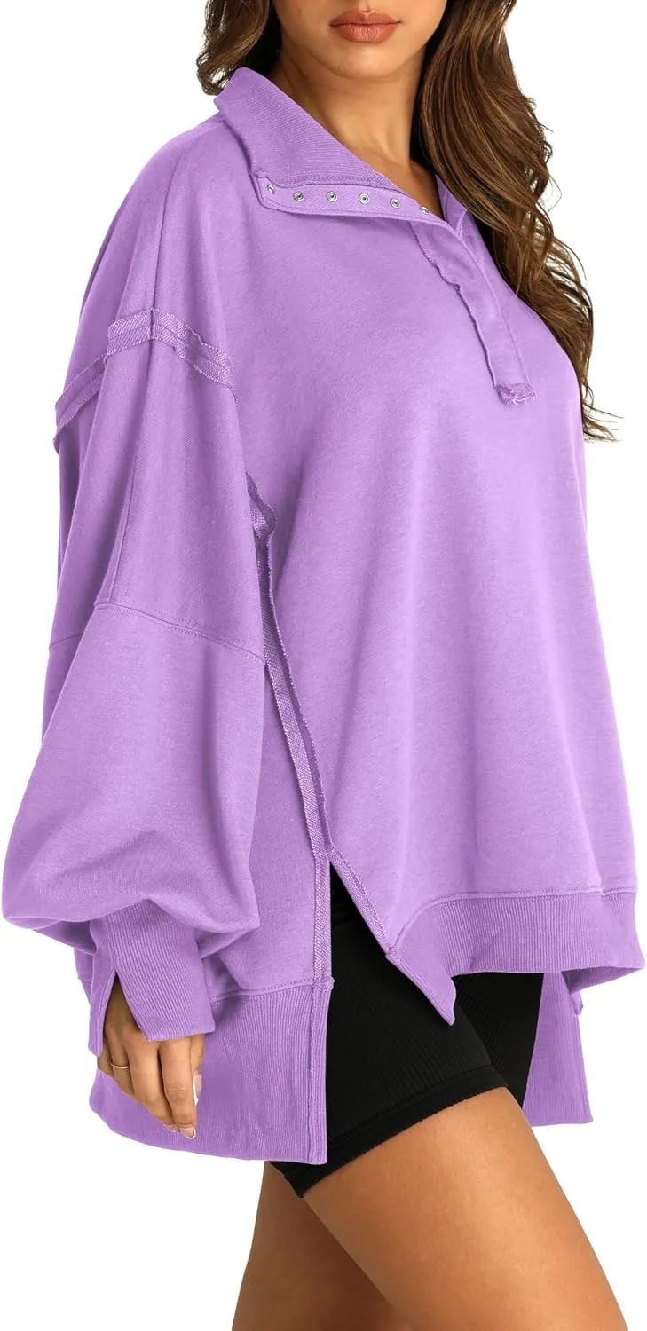 RUBZOOF Oversized Sweatshirt for Women Trendy Button Henley Neck Pullover Long Sleeve Tops Casual Fall Clothes XS-XL
