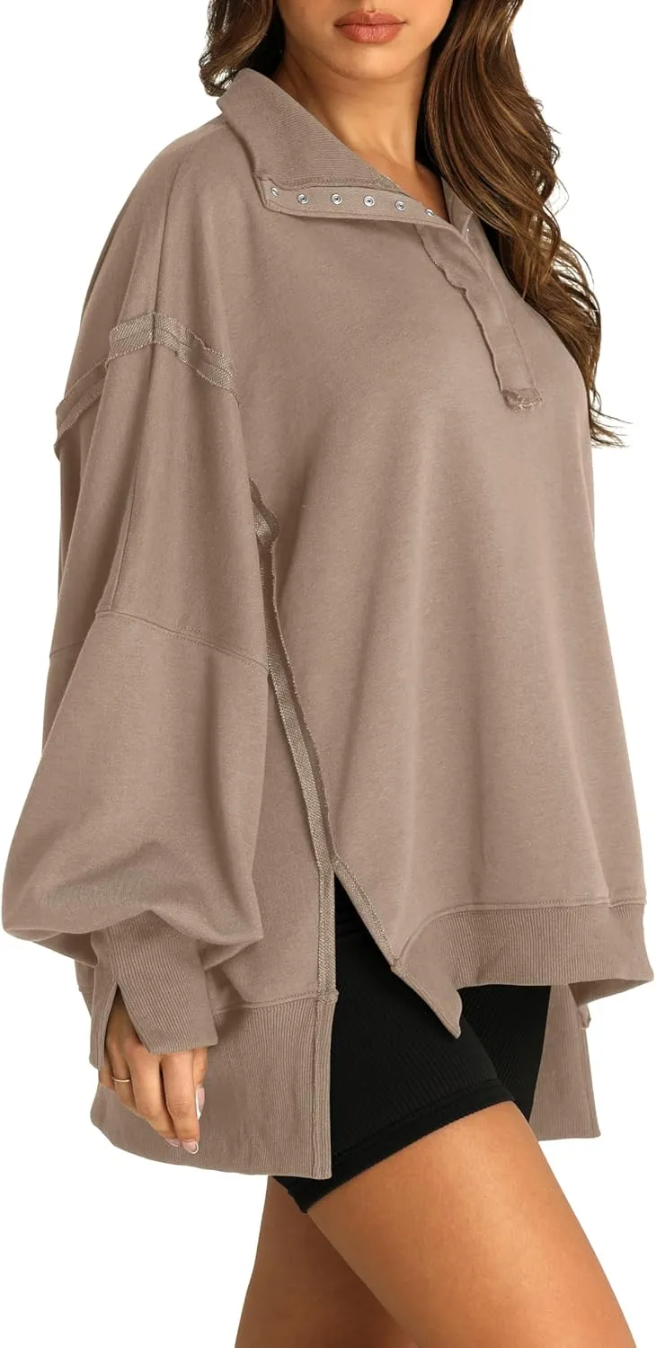 RUBZOOF Oversized Sweatshirt for Women Trendy Button Henley Neck Pullover Long Sleeve Tops Casual Fall Clothes XS-XL
