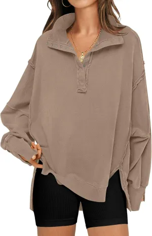 RUBZOOF Oversized Sweatshirt for Women Trendy Button Henley Neck Pullover Long Sleeve Tops Casual Fall Clothes XS-XL