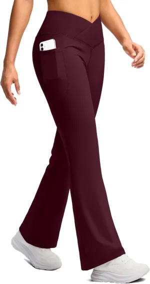 SANTINY Women's Fleece Lined Pants with Pockets Crossover Yoga Pants 28.5"/30.5"/32" Thermal Warm Flare Leggings for Women