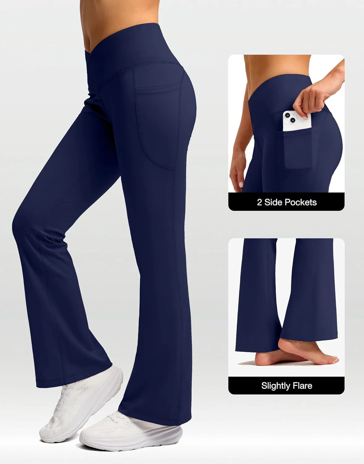 SANTINY Women's Fleece Lined Pants with Pockets Crossover Yoga Pants 28.5"/30.5"/32" Thermal Warm Flare Leggings for Women