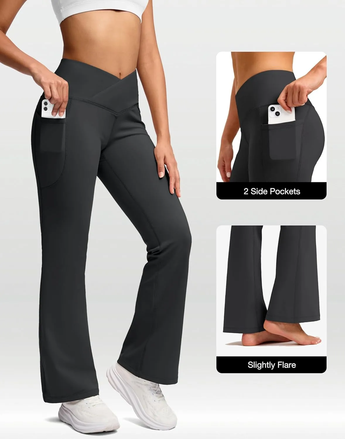 SANTINY Women's Fleece Lined Pants with Pockets Crossover Yoga Pants 28.5"/30.5"/32" Thermal Warm Flare Leggings for Women