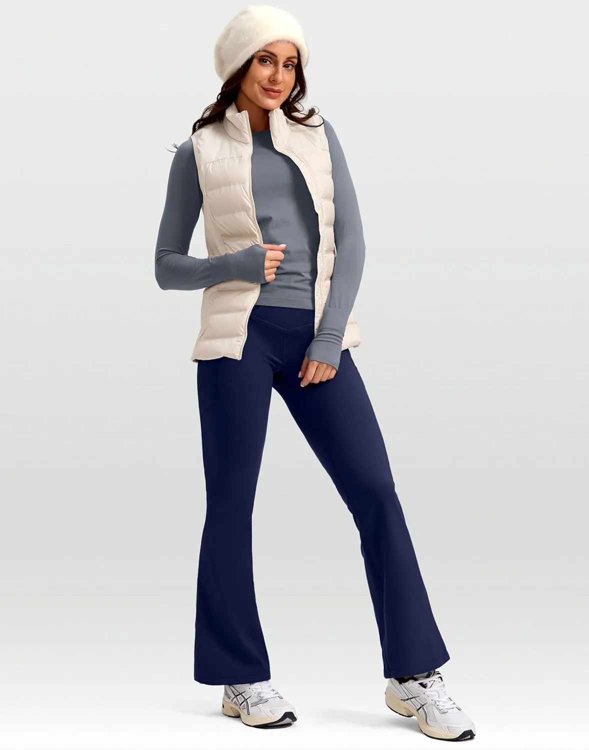 SANTINY Women's Fleece Lined Pants with Pockets Crossover Yoga Pants 28.5"/30.5"/32" Thermal Warm Flare Leggings for Women