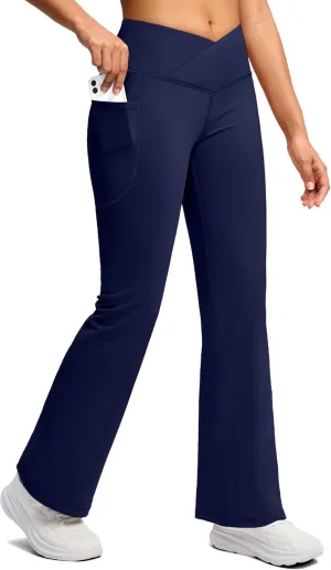 SANTINY Women's Fleece Lined Pants with Pockets Crossover Yoga Pants 28.5"/30.5"/32" Thermal Warm Flare Leggings for Women