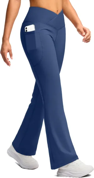 SANTINY Women's Fleece Lined Pants with Pockets Crossover Yoga Pants 28.5"/30.5"/32" Thermal Warm Flare Leggings for Women