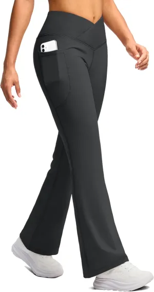 SANTINY Women's Fleece Lined Pants with Pockets Crossover Yoga Pants 28.5"/30.5"/32" Thermal Warm Flare Leggings for Women