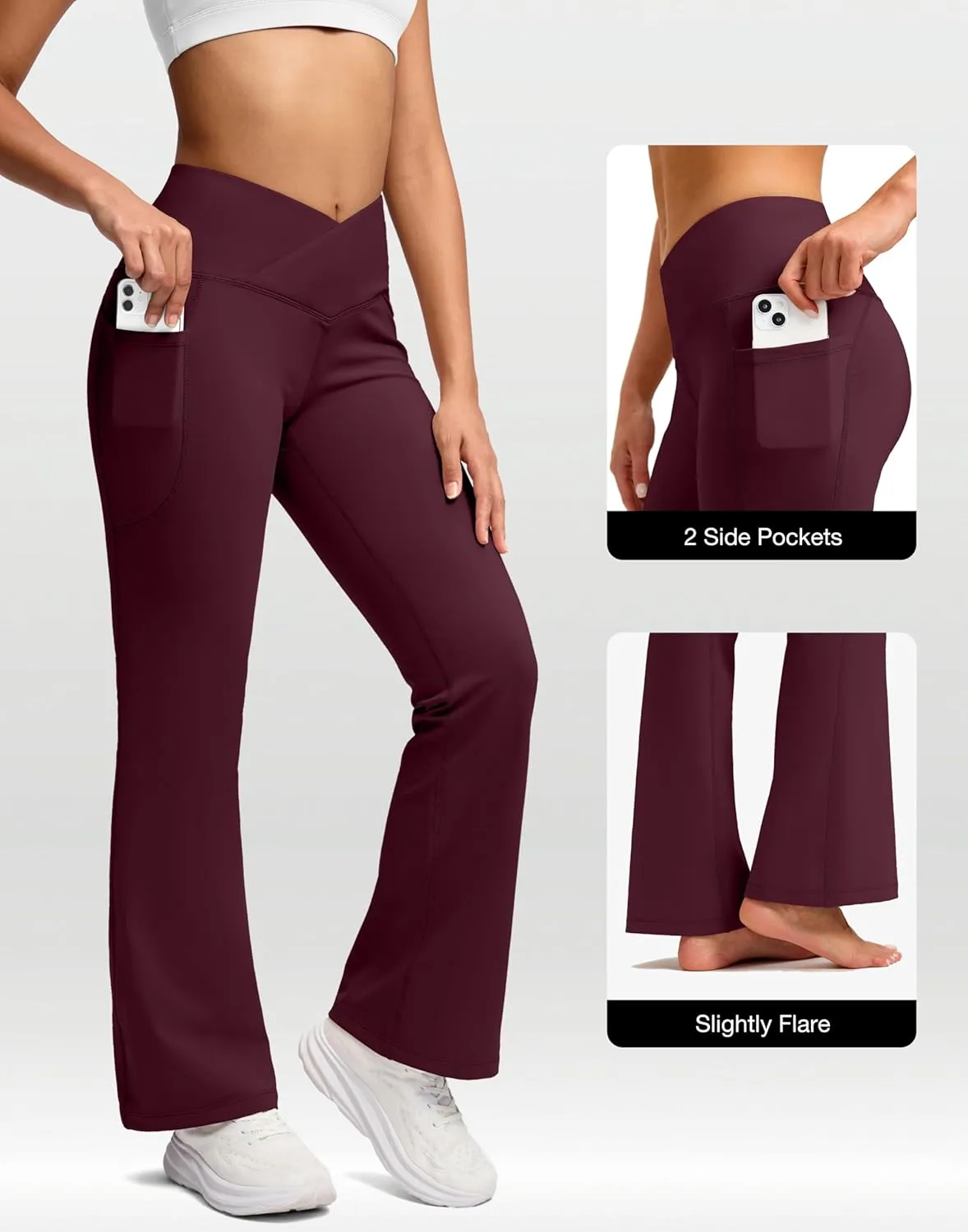 SANTINY Women's Fleece Lined Pants with Pockets Crossover Yoga Pants 28.5"/30.5"/32" Thermal Warm Flare Leggings for Women