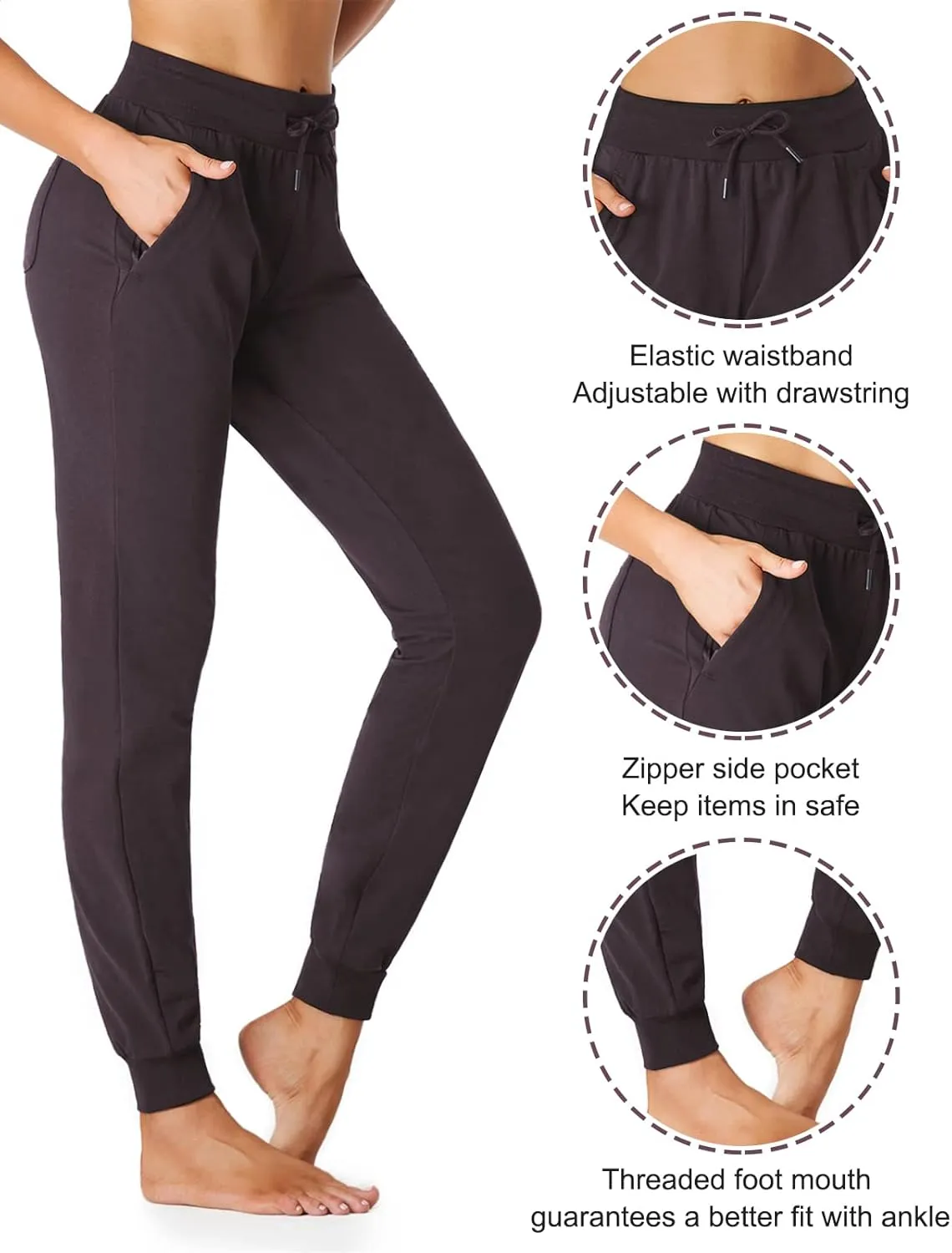 SEVEGO Tall Women's 30/32/34/36 Inseam Jogger Lightweight Cotton Sweatpants Zipper Pockets Running Long Sweat Pants