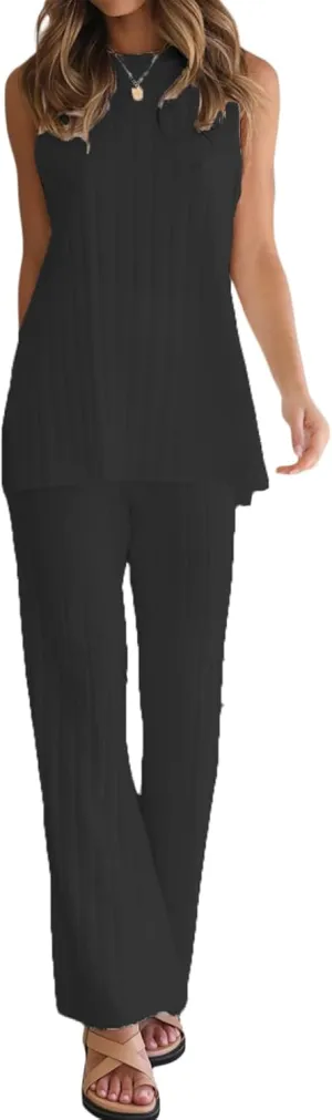 Sexy Two Pieces Knit Pants Set for Women Y2K 2Pcs Matching Set Strapless Tube Top Pleated Wide Leg Flare Pants Suit