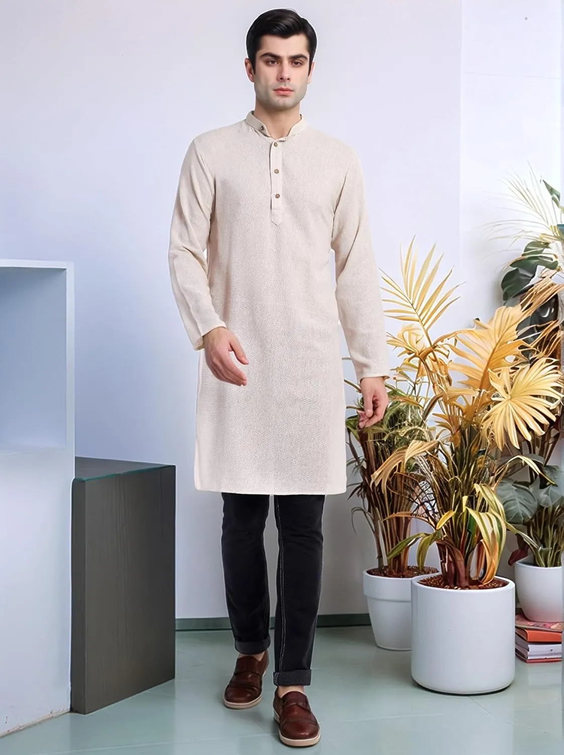 SKAVIJ Men's Handloom Cotton Solid Henley Long Sleeves Straight Knee Length Long Shirt