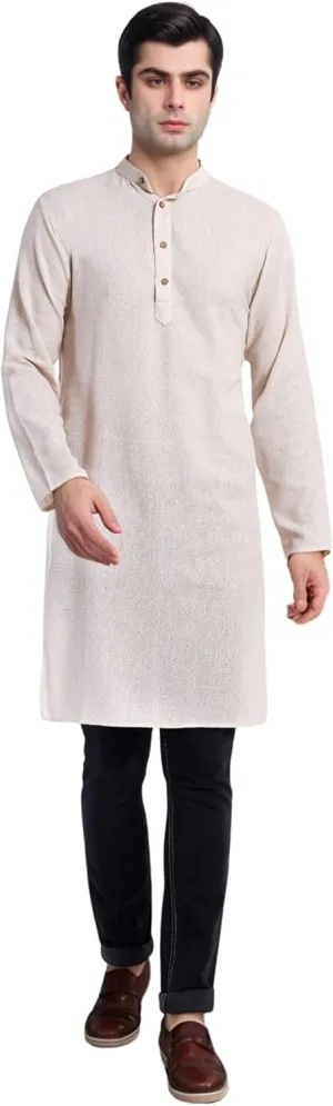 SKAVIJ Men's Handloom Cotton Solid Henley Long Sleeves Straight Knee Length Long Shirt